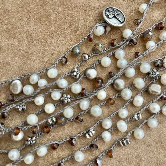 ARTISAN Necklace “Pearly Latte” on Mocha Beige Long Crocheted Wrap - Picture 7 of 12